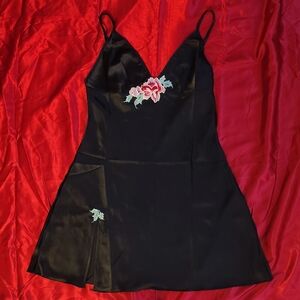 Black Satin Slip Dress with Floral Embroidery